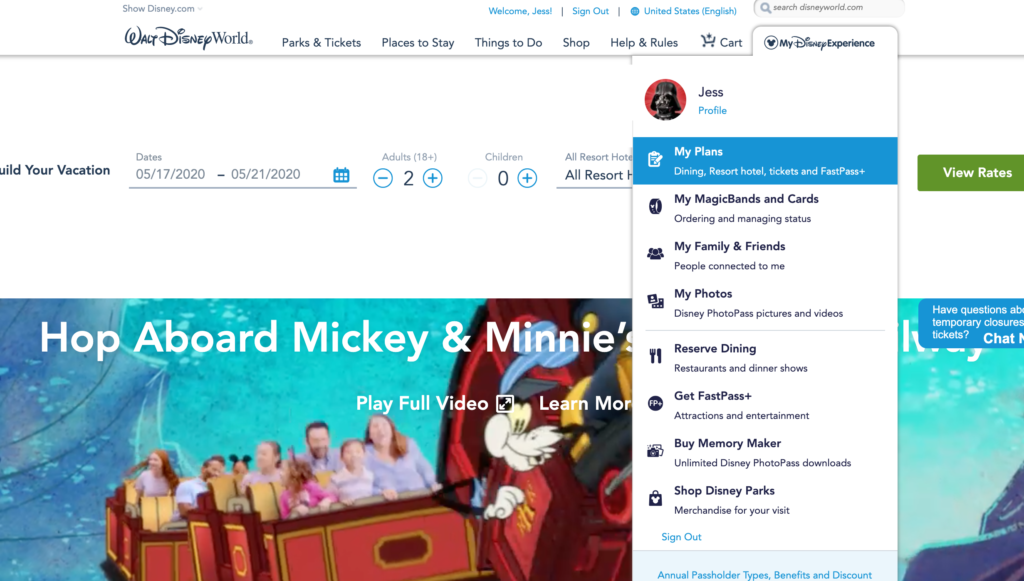Walt Disney World Online Check-in
